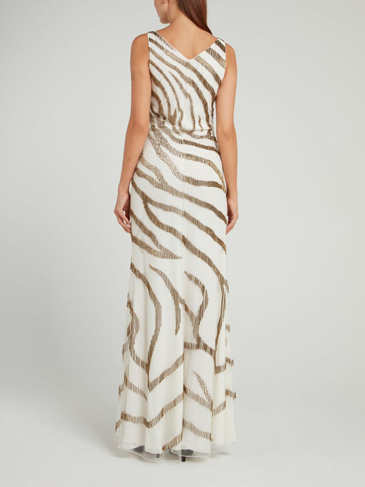 Beige Beadwork Zebra Effect Maxi Dress