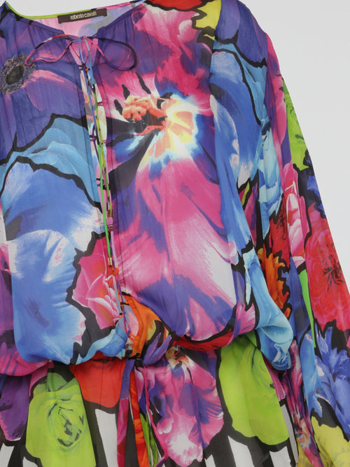 Neon Bloom Sheer Drawstring Kaftan