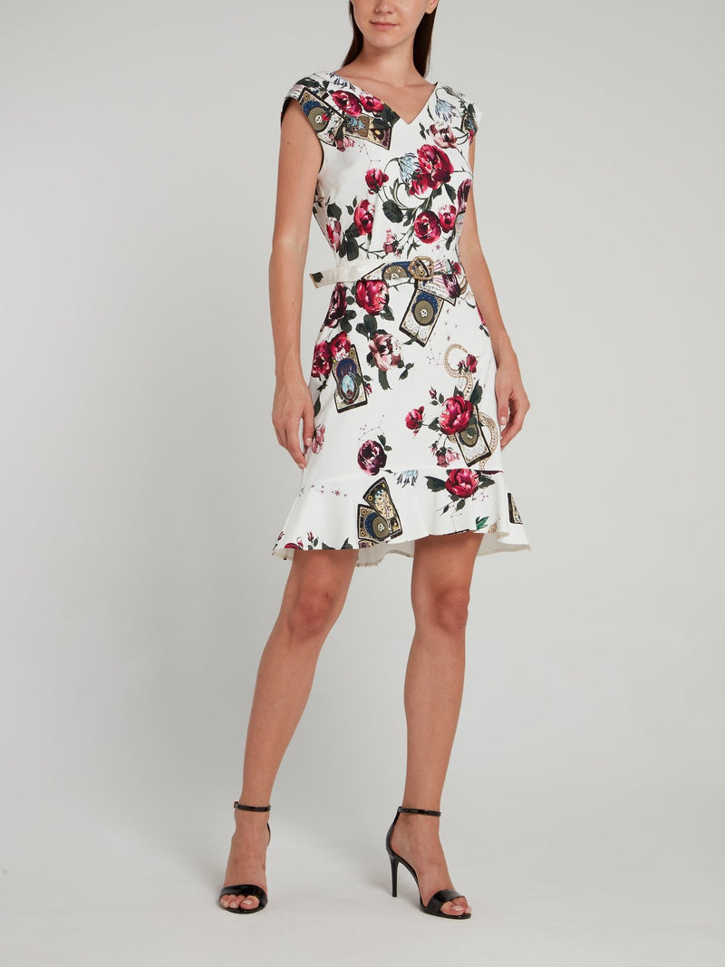 White Floral Print Belted Mini Dress