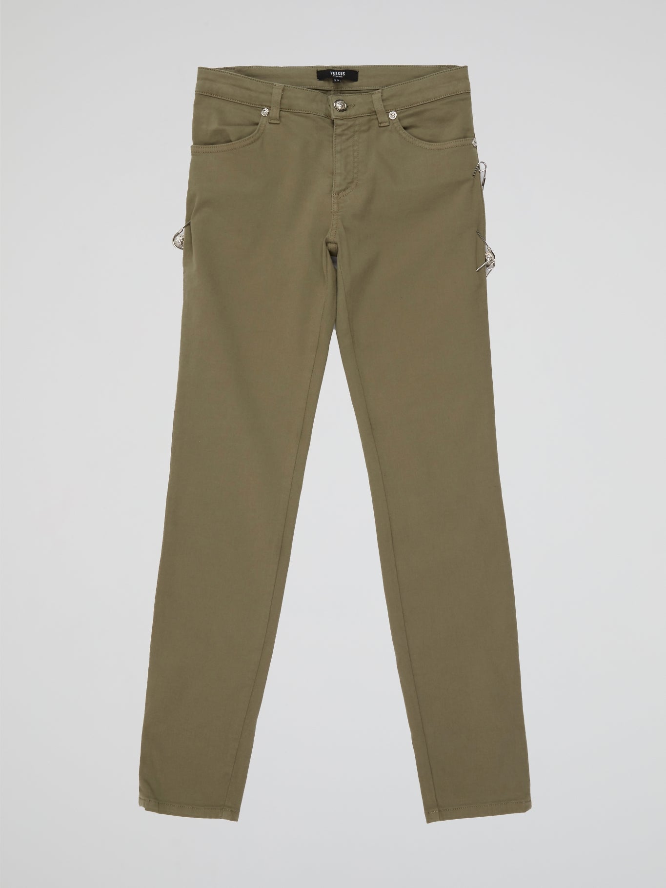 Step into effortless style and timeless elegance with the Olive Straight Cut Pants by Versus Versace. Crafted from luxurious olive green fabric, these pants feature a flattering straight-leg silhouette that elongates the legs and accentuates your curves. Whether paired with a crisp white blouse for a polished office look or a sleek leather jacket for a night out, these pants effortlessly exude sophistication and flair.