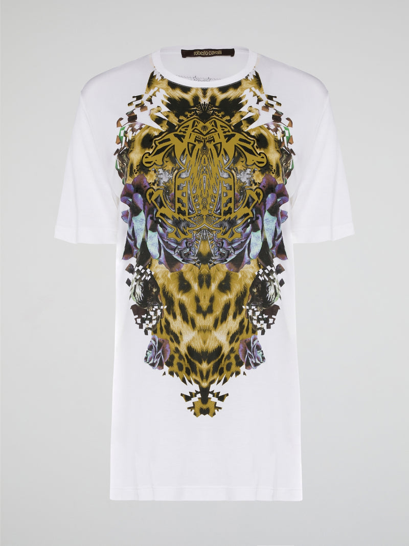 Elevate your casual style with the White Printed Oversized T-Shirt from Roberto Cavalli. Made with premium cotton fabric, this tee features a bold and eye-catching print that will set you apart from the crowd. Whether you dress it up with heels or keep it cool with sneakers, this statement piece is a must-have for your wardrobe.