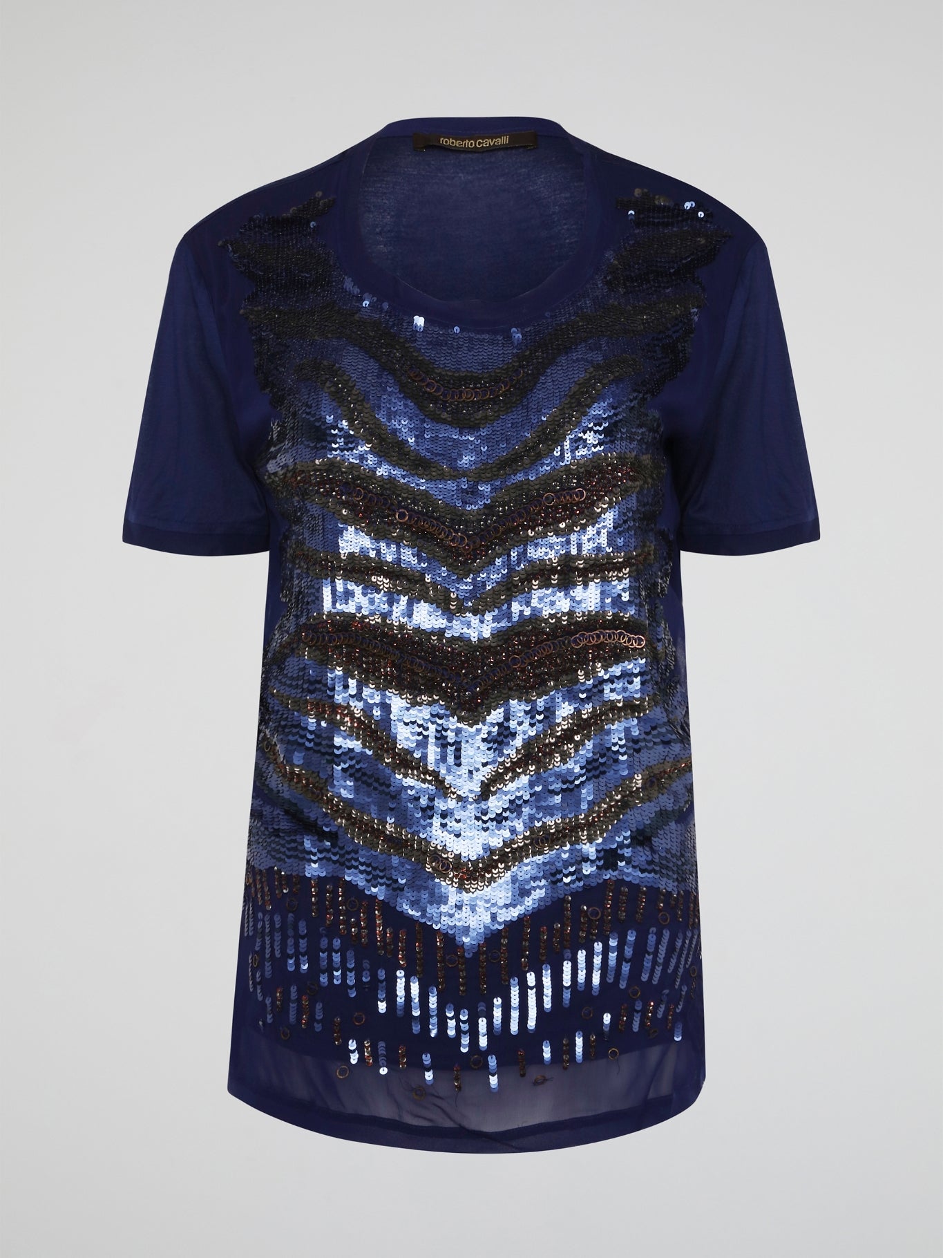 Shimmer and shine your way through any occasion in the Navy Oversized Sequin Top by Roberto Cavalli. This stunning piece features cascading sequins in a rich navy hue that will make you stand out from the crowd. Elevate your wardrobe with this glamorous top that exudes luxury and sophistication.