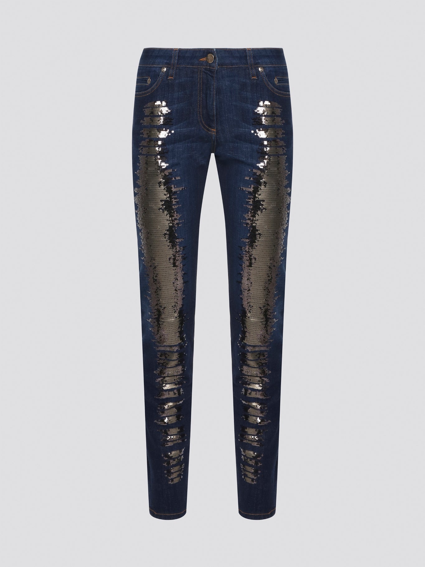 Sparkle and shine in style with these navy sequin embellished jeans by Roberto Cavalli. With a touch of glam and a hint of luxury, these jeans are perfect for adding a touch of sophistication to any outfit. Stand out from the crowd and make a statement with these dazzling denim pants.