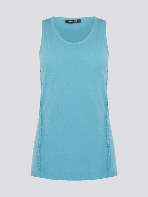 Dive into a sea of luxury with our Blue Sleeveless Top by Roberto Cavalli. Crafted from high-quality materials, this top exudes sophistication and style. Perfect for layering or wearing on its own, this top will elevate any outfit with its stunning blue hue and chic design.