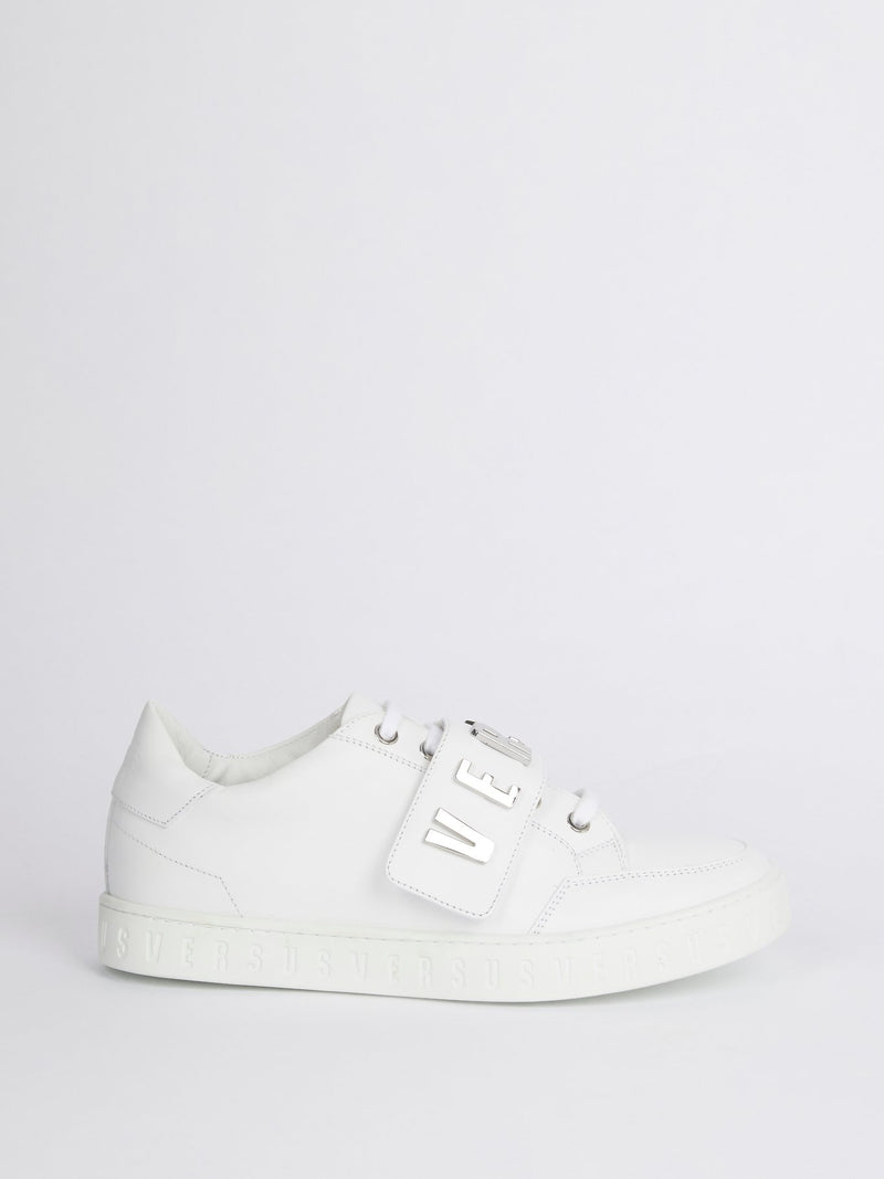 White Low Top Silver Logo Sneakers