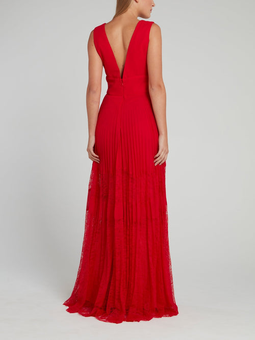 Red Pleated Lace Panel Maxi Dress