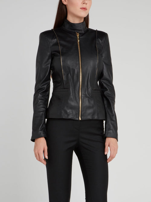 Black Clasp Neck Leather Jacket