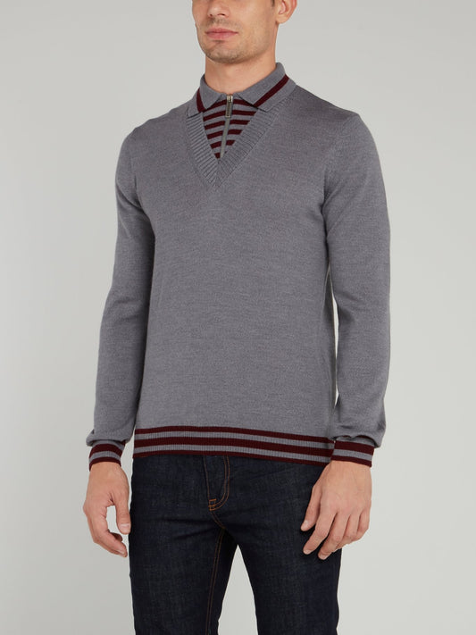 Grey Zip Neck Stripe Edge Sweater