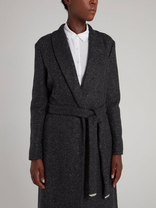 Grey Glitter Fabric Tie Front Long Coat