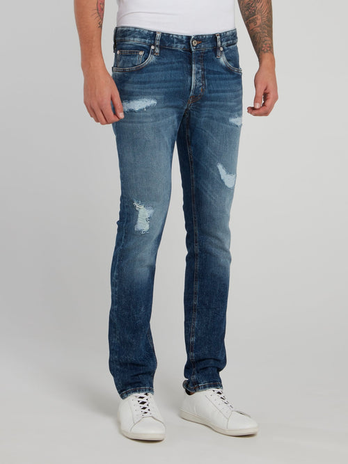 Blue Distressed Slim Fit Denim Jeans
