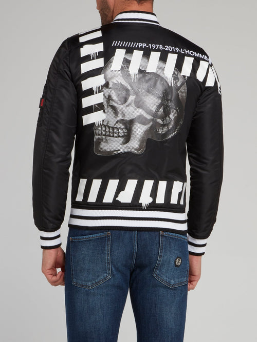 Black Stripe Edge Skull Print Bomber Jacket
