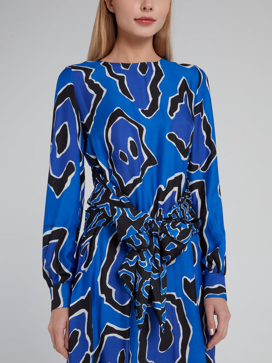 Blue Tie Front Bishop Sleeve Mini Dress