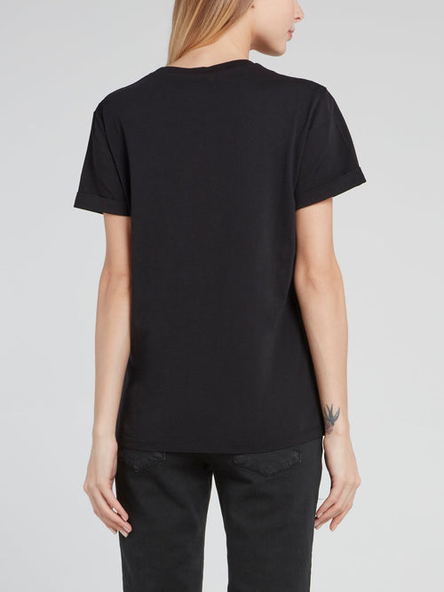 Black Leopard Print Logo Crewneck T-Shirt