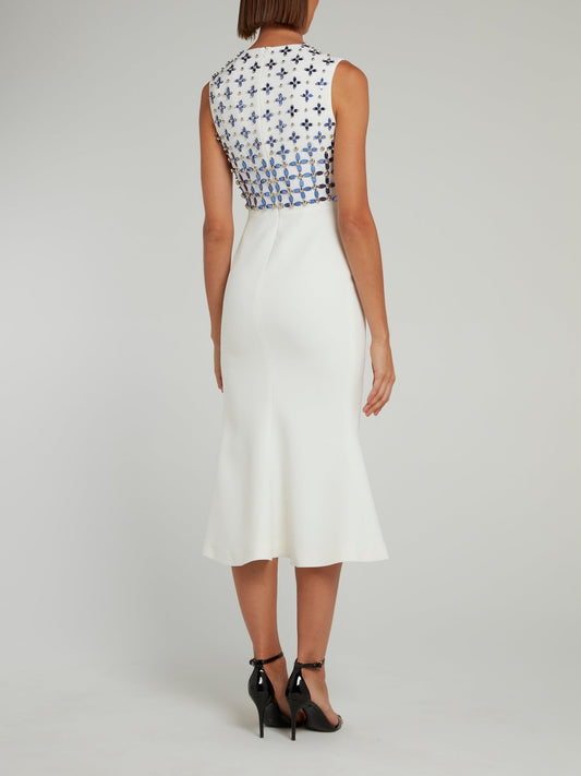 White Floral Beaded High Slit Midi Dress