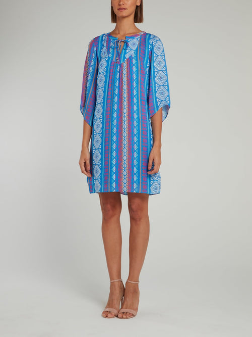 Blue Jacquard Print Half Sleeve Shift Dress