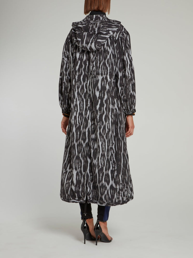 Multi-String Leopard Effect Hooded Trench Coat