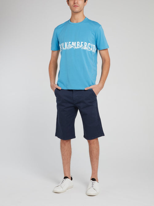 Blue Logo Crewneck Cotton T-Shirt