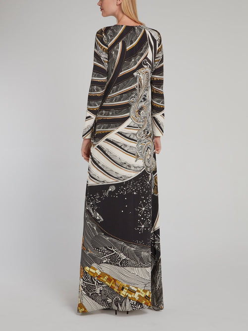 Printed Long Sleeve Shift Maxi Dress