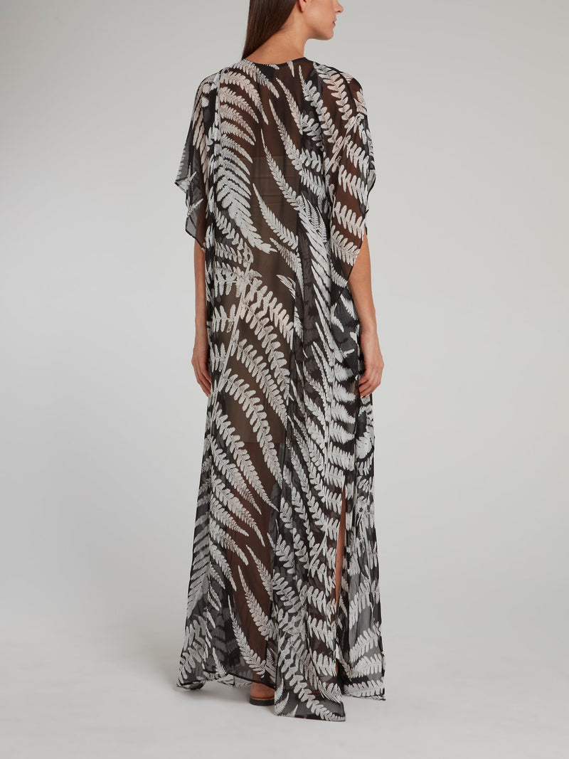 Black Leaf Print Flounce Dress