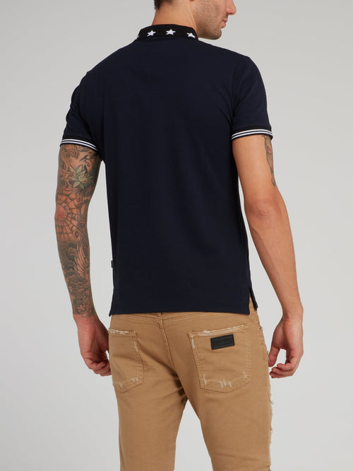 Navy Star Print Collar Polo Shirt