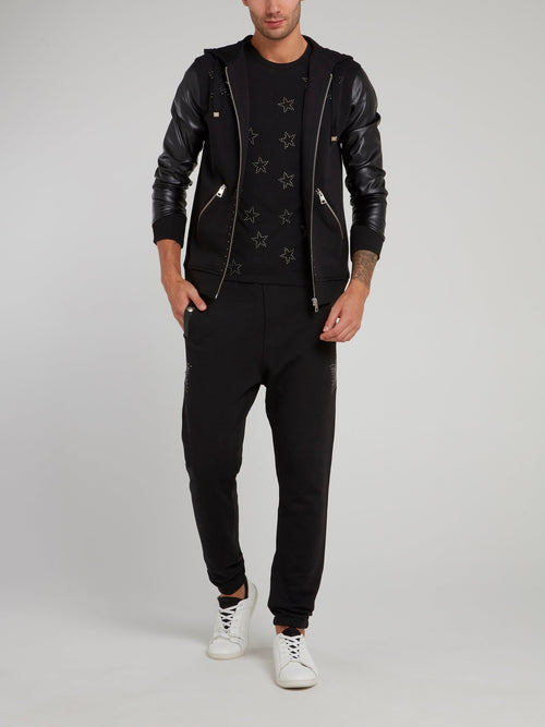 Black Leather Sleeve Sweat Jacket