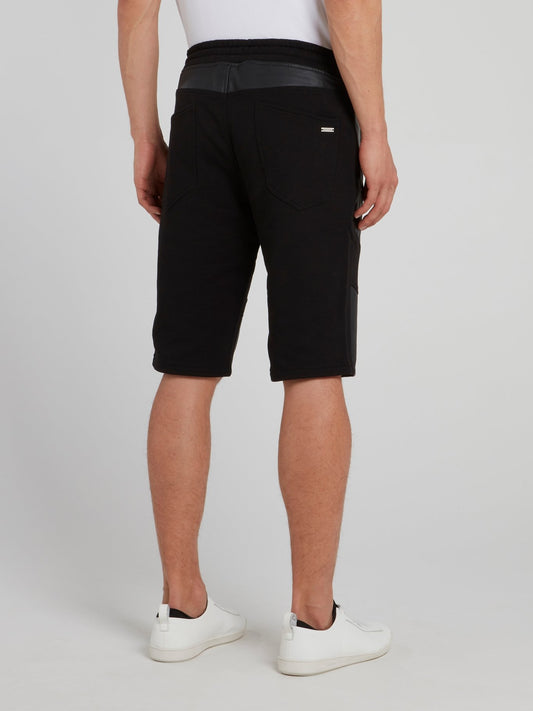 Black Drawstring Leather Panel Shorts