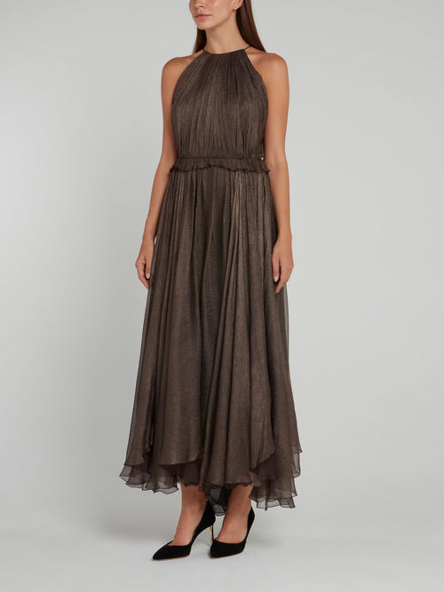 Frill Halter Silk Maxi Dress