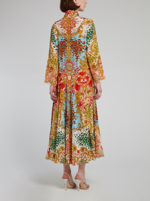 Oriental Print Bow Tie Midi Dress