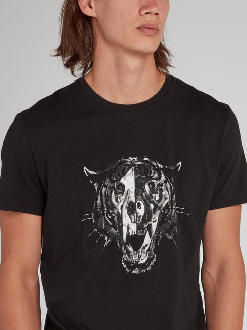 Black Leopard Head Cotton T-Shirt