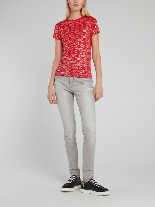 Red Crystal Studded Monogram T-Shirt