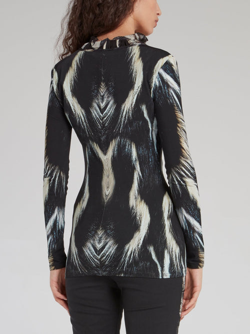 Black Fur Print Frill Collar Top