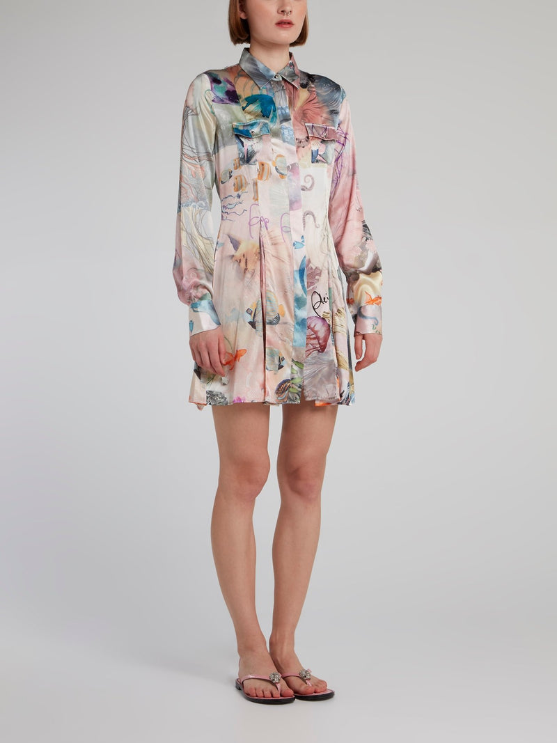 Ocean Print Pleated Shirt Dress