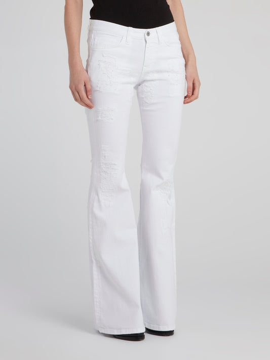 White Flared Distressed Denim Pants