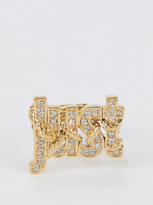 Gold Crystal Studded Monogram Ring - Size 7