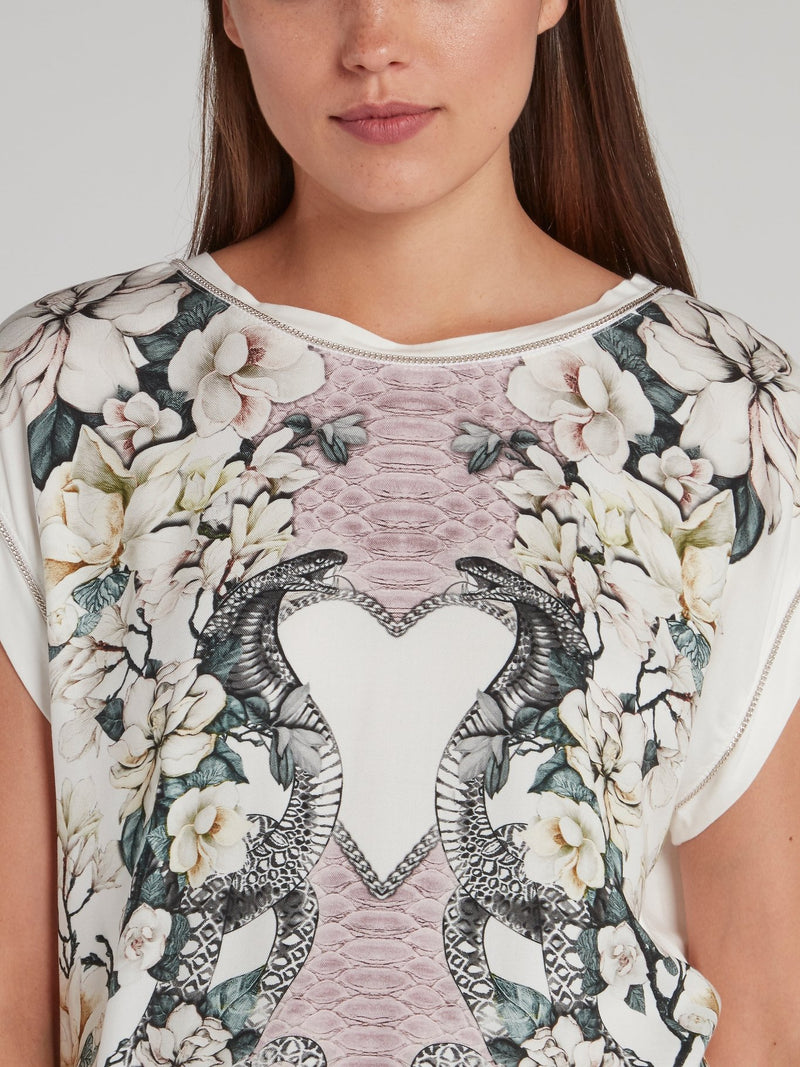 White Snake Floral Print Top