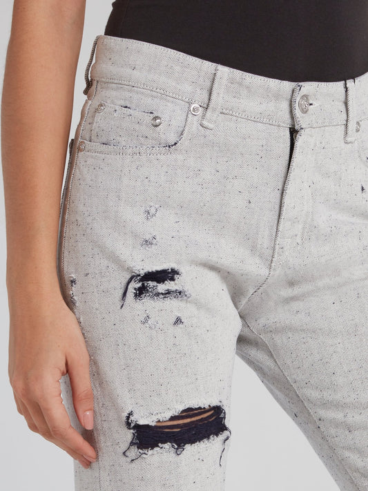 Grey Distressed Wide Leg Jeans