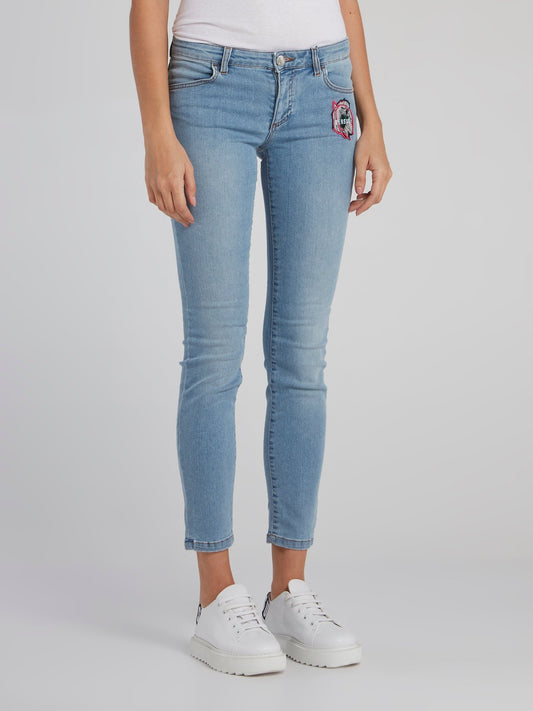 Blue Appliquéd Crop Jeans