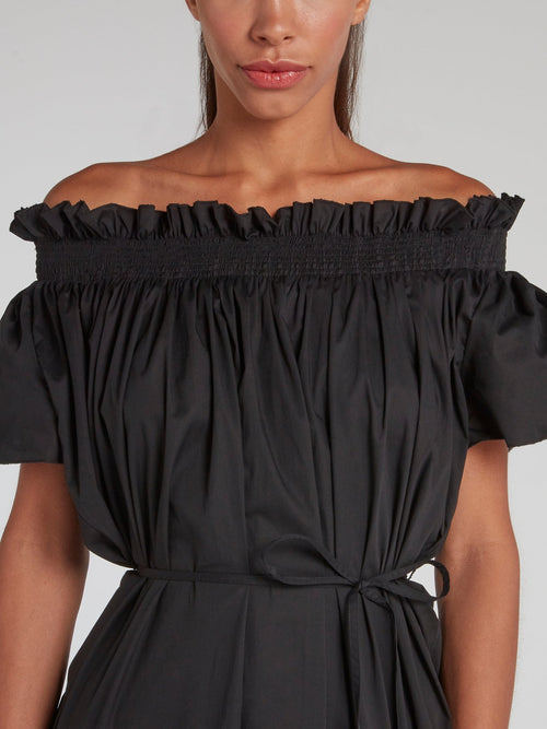 Black Smocked Off-The-Shoulder Dress