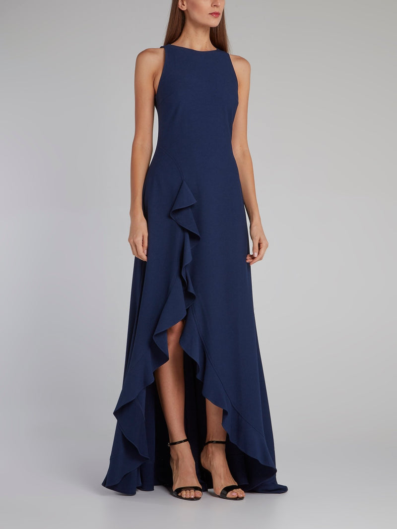 Navy Ruffle Hem Slit Evening Dress