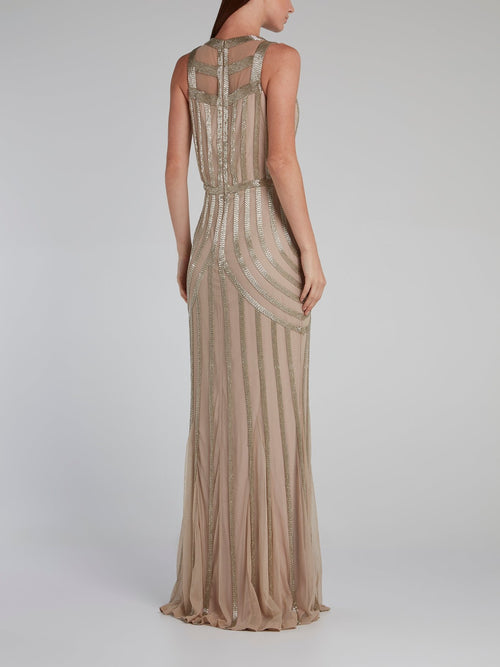 Brown Beaded Column Maxi Dress