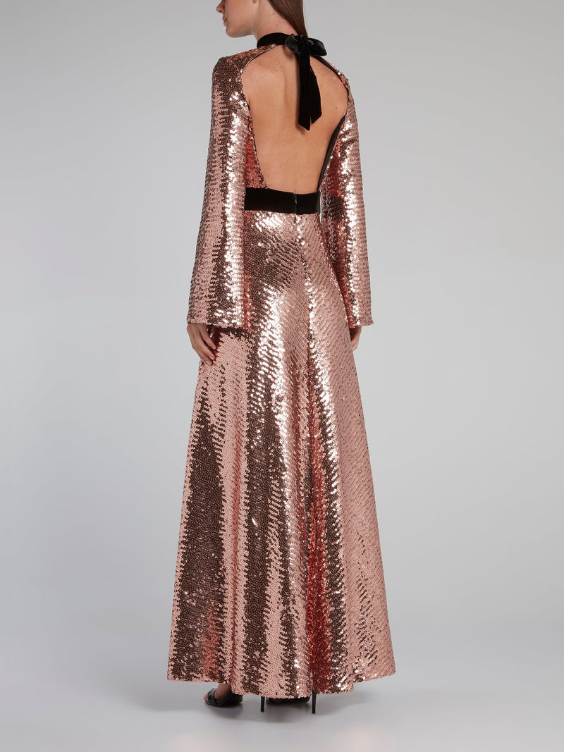 Metallic Bow Tie Sequin Maxi Dress