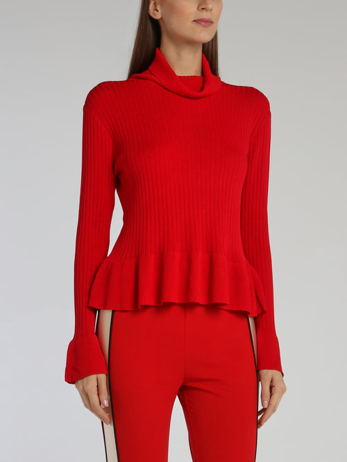 Red Cowl Neck Peplum Sweater Top