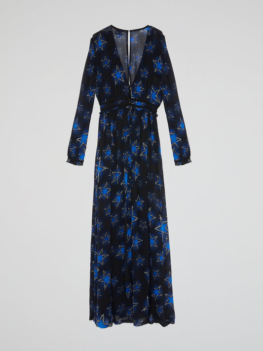 Navy Star Print Plunge Dress