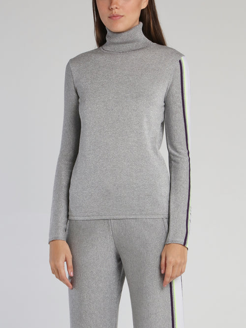Grey Logo Sleeve Turtleneck Top