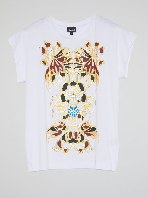 White Printed Cap Sleeve T-Shirt