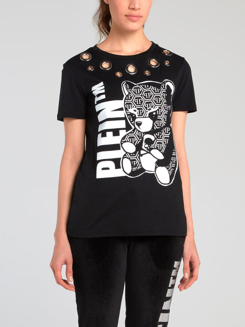 Teddy Bear Black Ring Embellished T-Shirt