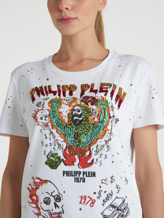 White Embellished Graffiti T-Shirt