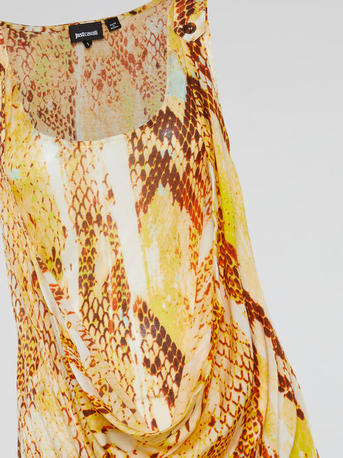 Yellow Reptile Print Cowl Mini Dress