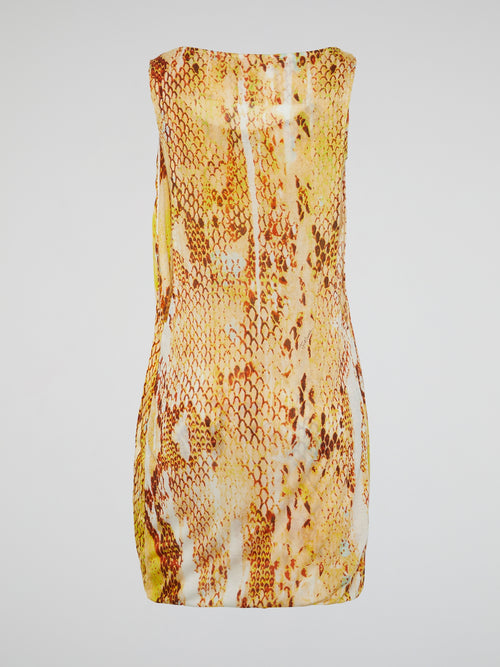 Yellow Reptile Print Cowl Mini Dress