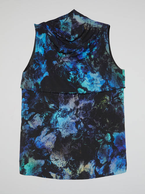 Blue Floral Print Cowl Neck Top